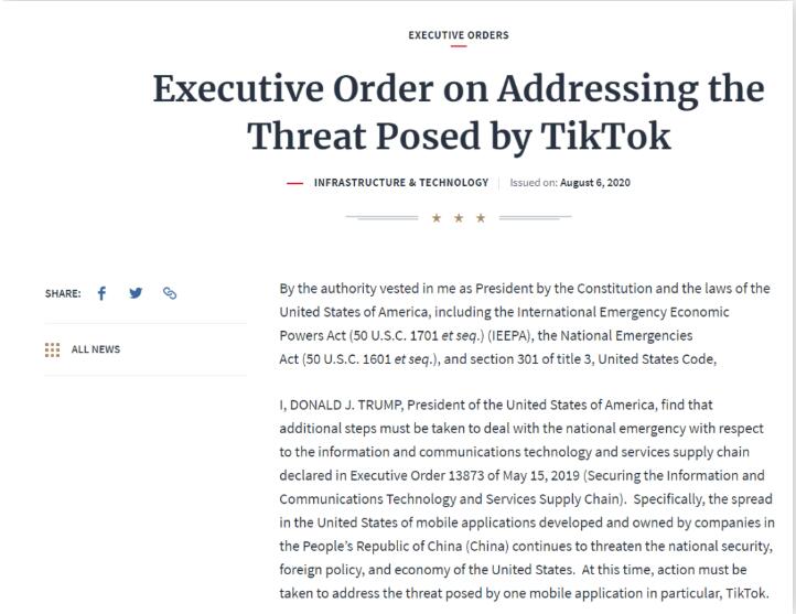 特朗普称45天后封禁Tik Tok，字节跳动回应：或将起诉美国政府！