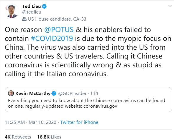 美国国会一高官发帖使用“中国病毒”，被美国网民骂翻